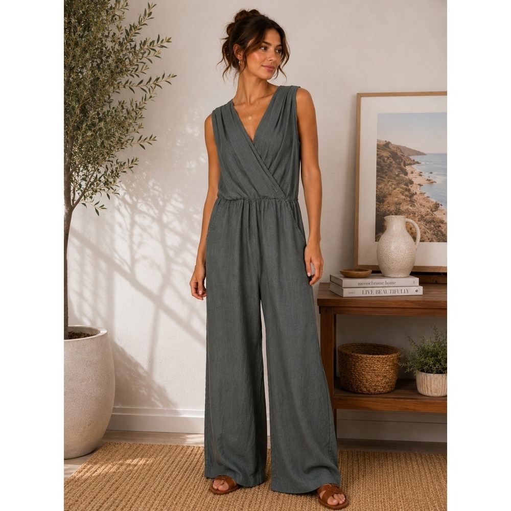 Anna Melani Italy Linen Surplice Wrap Jumpsuit Wide Leg Grey Green Womens Medium